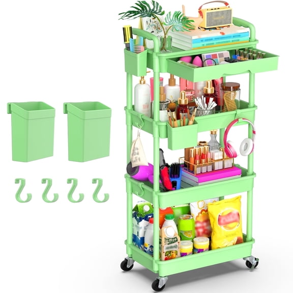 Yeabett 4 Tier Rolling Utility Cart Organizer with Removable Drawer, Mobile Storage Carts with 2 Lockable Wheels for Bathroom, Kitchen, Snack, Craft, Makeup, Baby Essentials, Green