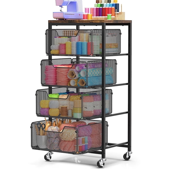 Yeabett 5-Tier Rolling Utility Cart with Mesh Baskets and Drawer, Kitchen Island Storage & Food Storage, Mobile Metal Organizer for Bathroom, Laundry, or Craft Room,Black