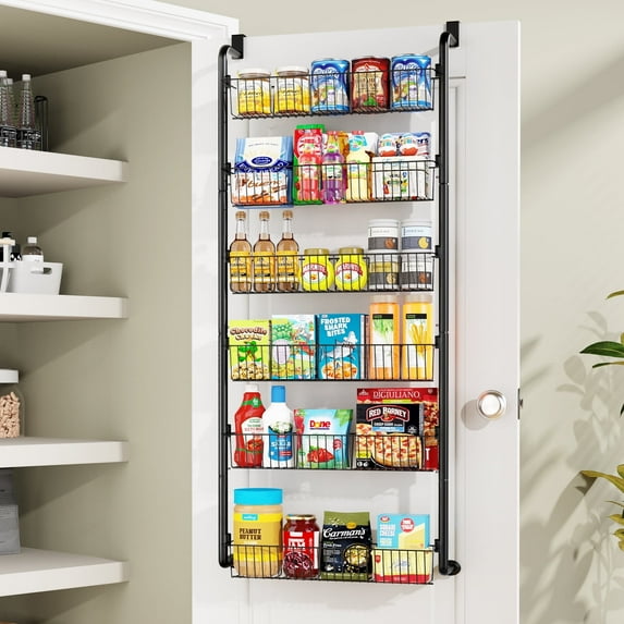 Yeabett 6-Tier Over the Door Pantry Organizer, Larger Baskets Metal Pantry Organization and Storage, Door Back Hanging Space Saver for Kitchen, Laundry, Bathroom, Black