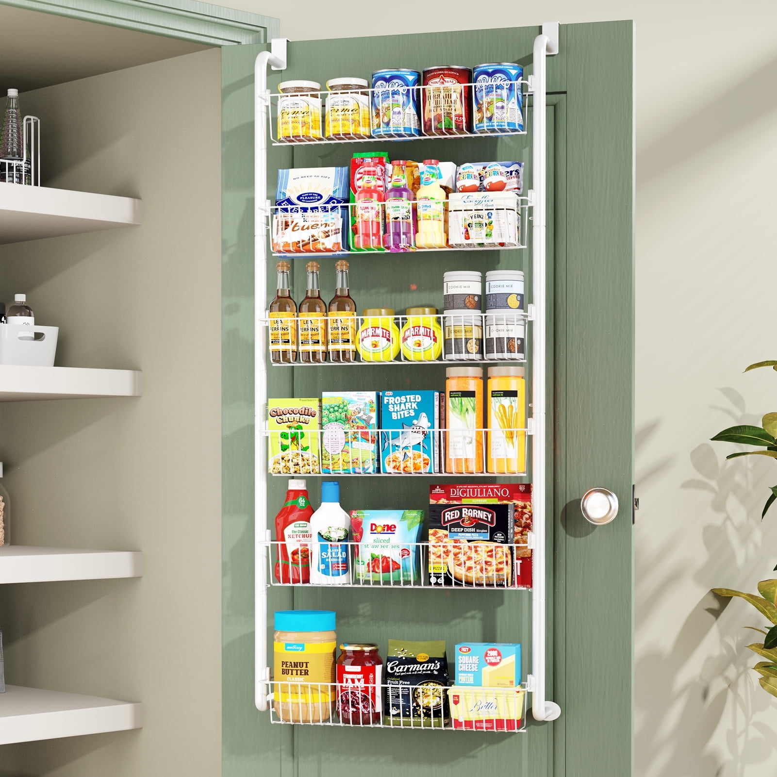 Yeabett 6-Tier Over the Door Pantry Organizer, Larger Baskets Metal Pantry Organization and Storage, Door Back Hanging Space Saver for Kitchen, Laundry, Bathroom, White