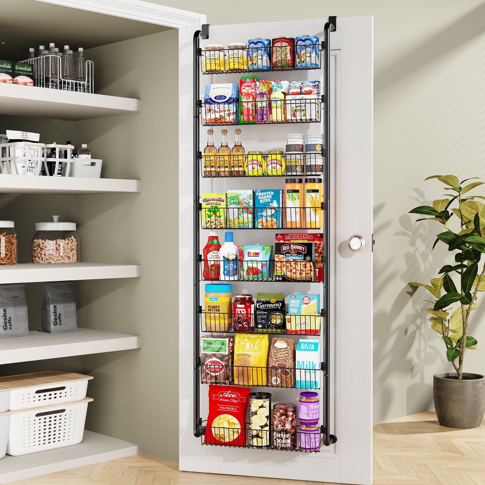 Yeabett 8-Tier Over the Door Pantry Organizer, Larger Baskets Metal Pantry Organization and Storage, Door Back Hanging Space Saver for Kitchen, Laundry, Bathroom, Black