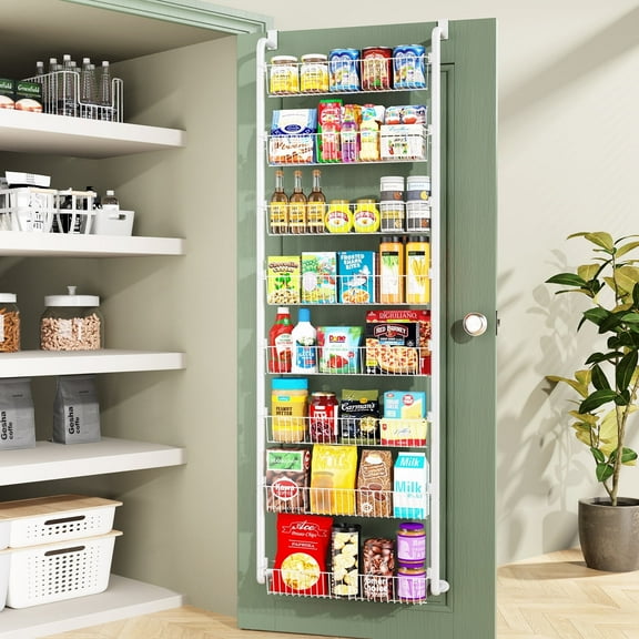 Yeabett 8-Tier Over the Door Pantry Organizer, Larger Baskets Metal Pantry Organization and Storage, Door Back Hanging Space Saver for Kitchen, Laundry, Bathroom, White