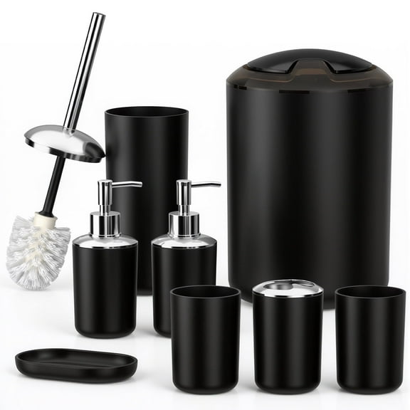 Yeabett 8 Pieces Bathroom Accessory Set, Bath Sets with Trash Can, Soap Dispenser and Toothbrush Holder, Soap Dish,Toilet Brush Holder for Home Washing Room