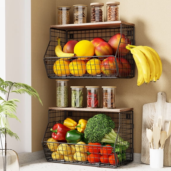Yeabett Stackable Fruit Basket Hanging for Kitchen Counter 2 Pack with Wood Lid,Wall Mount Organizer with Banana Hangers Metal Vegetable Storage Bin or Fruit, Onion, Potato, Vegetable, Bread