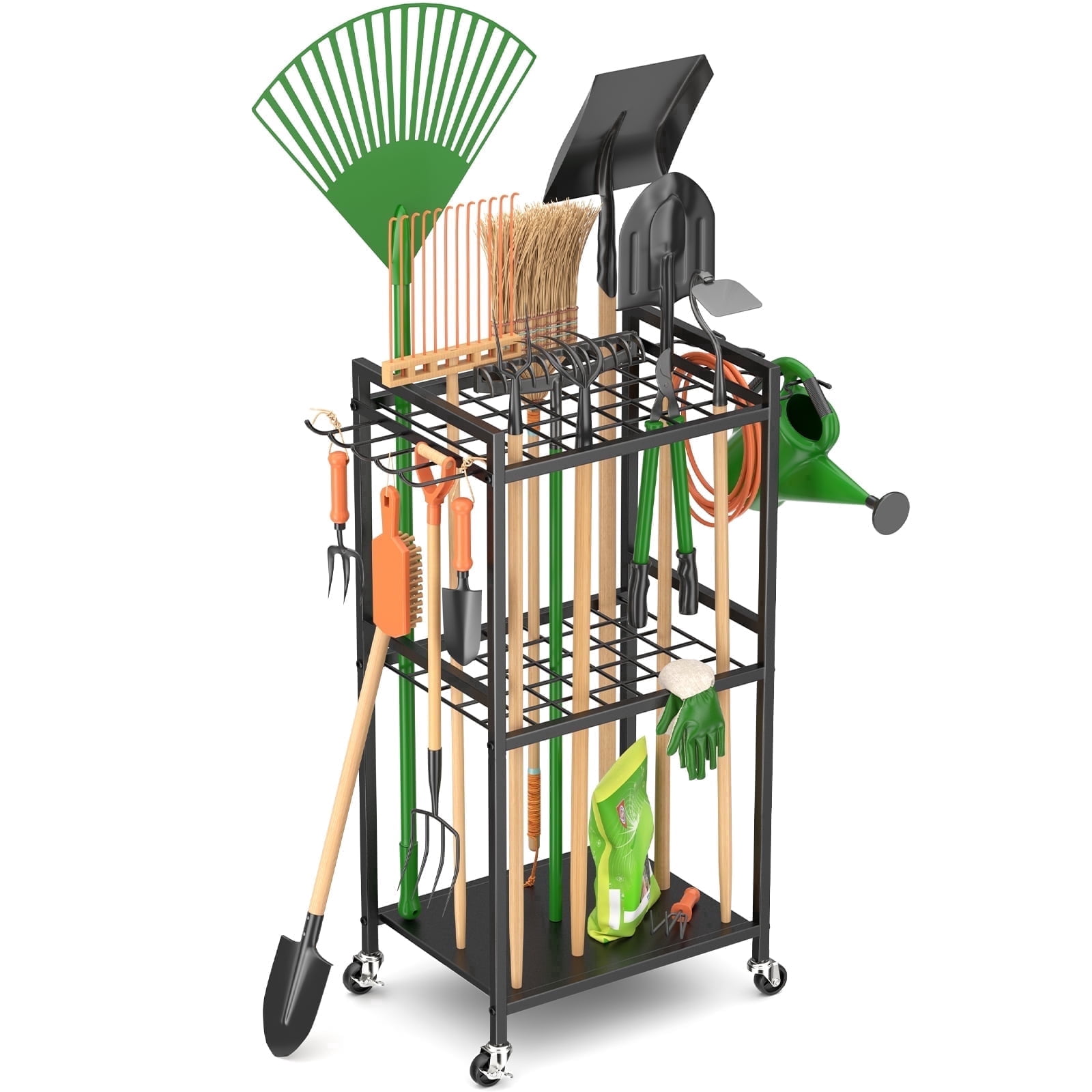 Garden Tool Organizer Rack with Hooks and wheels, Holds Up to 35 Long-Handled Tools, Rakes and Brooms, Metal Steel Stand for Shed or Outdoor Storage Backyard