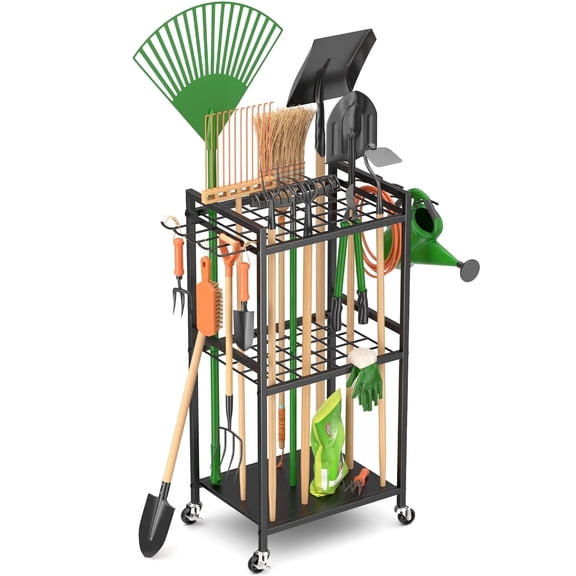 Garden Tool Organizer Rack with Hooks and wheels, Holds Up to 35 Long-Handled Tools, Rakes and Brooms, Metal Steel Stand for Shed or Outdoor Storage Backyard