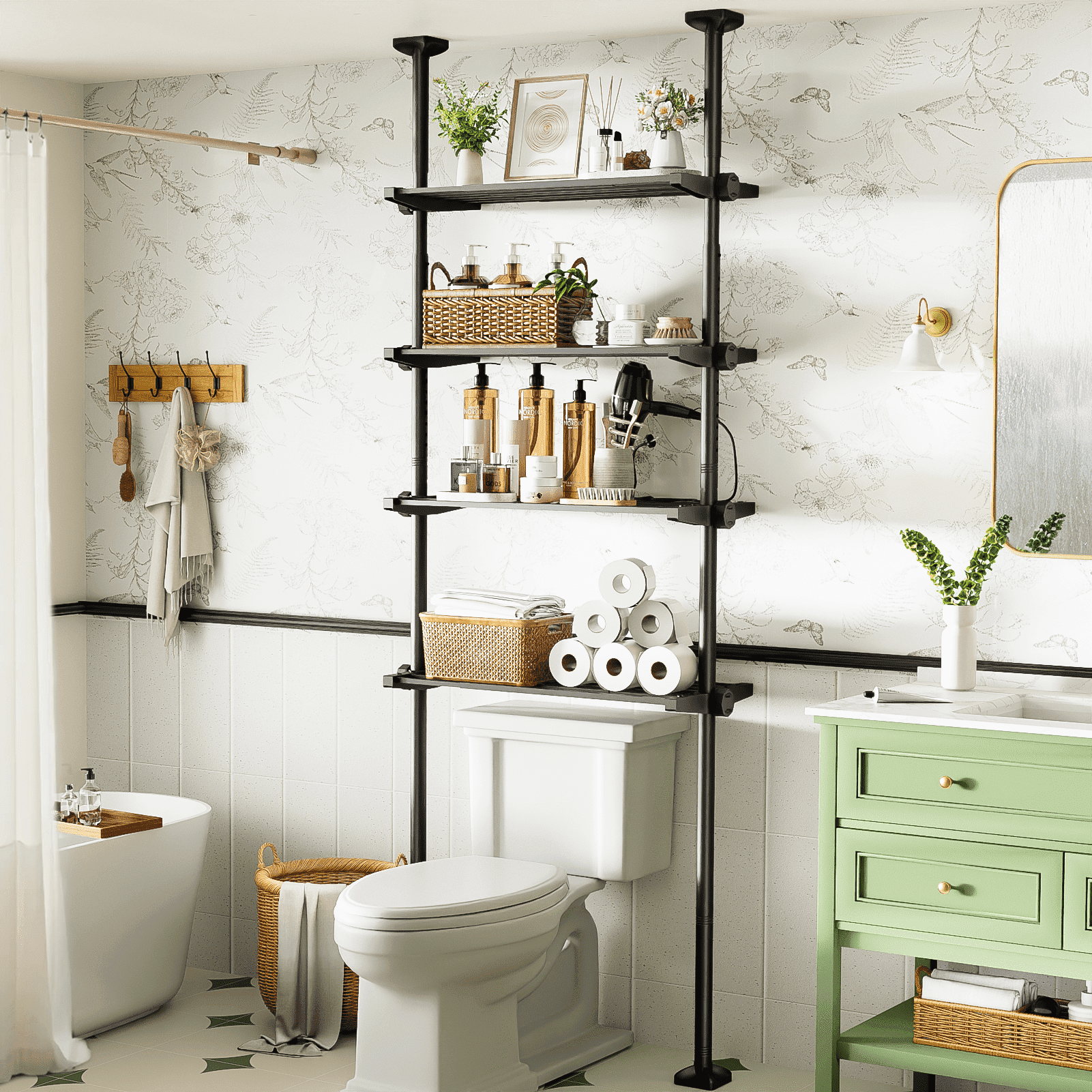 Yeabett 4-Tier over the Toilet Storage Shelf,bathroom Organizer Adjustable Saver Space Rack,no Drill Tension Mounted Shelves,Bathroom Cabinet Rack Above Toilet for Small Rooms,Black