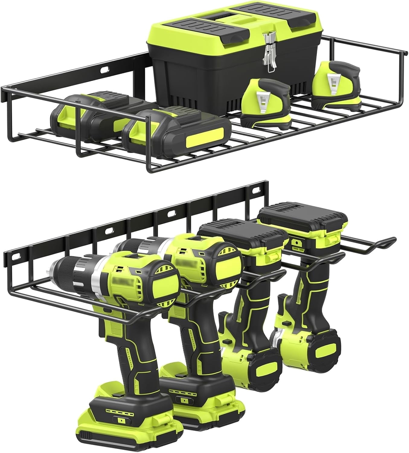 Yeabett Power Tool Organizer, 2 Layers Storage Rack with 4 Drill Holders, Heavy Duty Metal Floating Tool Shelf Garage Wall Mounted