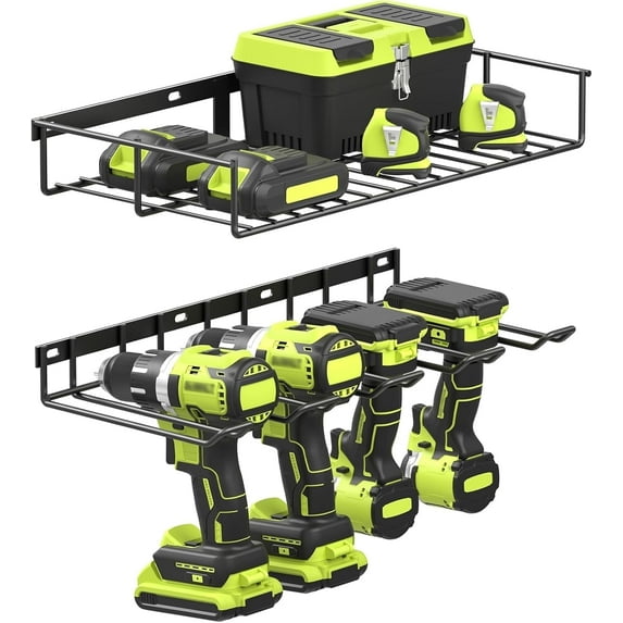 Yeabett Power Tool Organizer, 2 Layers Storage Rack with 4 Drill Holders, Heavy Duty Metal Floating Tool Shelf Garage Wall Mounted