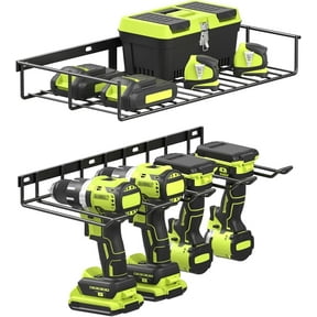 Yeabett Power Tool Organizer, 2 Layers Storage Rack with 4 Drill Holders, Heavy Duty Metal Floating Tool Shelf Garage Wall Mounted