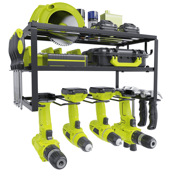 Yeabett Power Tool Organizer, 3 Layers Storage Rack with 4 Drill Holders, Heavy Duty Metal Floating Tool Shelf Garage Wall Mounted, 150Lbs Load Capacity