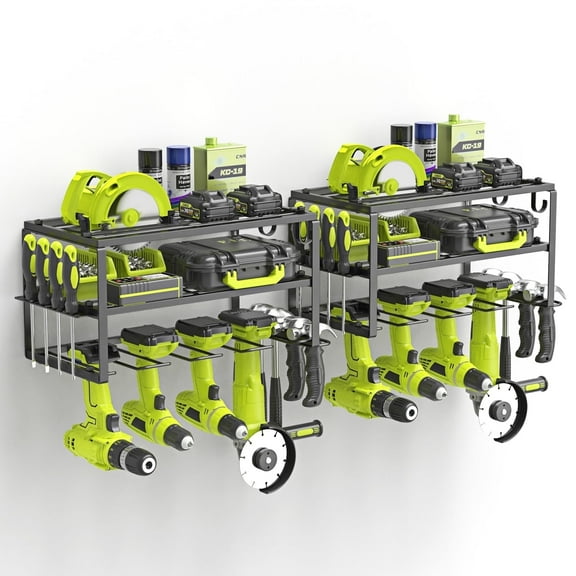 Yeabett Power Tool Organizer, 3 Layers Storage Rack with 8 Drill Holders Total, Heavy Duty Metal Floating Tool Shelf Garage Wall Mounted, 2 Pack