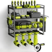 Yeabett Power Tool Organizer, 4 Layers Storage Rack with 4 Drill Holders, Heavy Duty Metal Floating Tool Shelf Garage Wall Mounted with Screwdriver Holder/Plier Holder/Hammer Holder