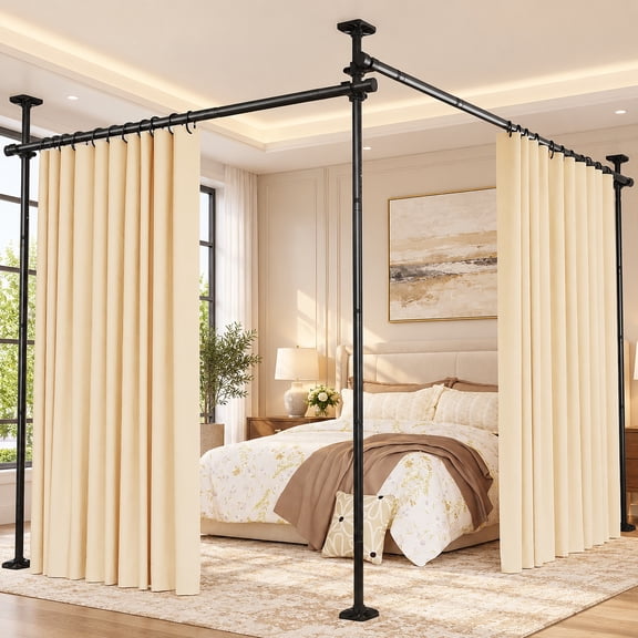 Yeabett Room Divider No Drilling Curtain Rods for Windows,4-10ft(H) 28-114inch(W) Adjustable Temporary Privacy Wall Divider,Tension Curtain Rods No Drilling,Black