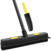 Yeabett Rubber Pet Broom with Squeegee, Pet Hair Remover 56 inches Long Handle, Portable Detailing Lint Brush Fur Removal for Fluff Carpet, Window, Tile, Floor Cleaning, Black and Yellow