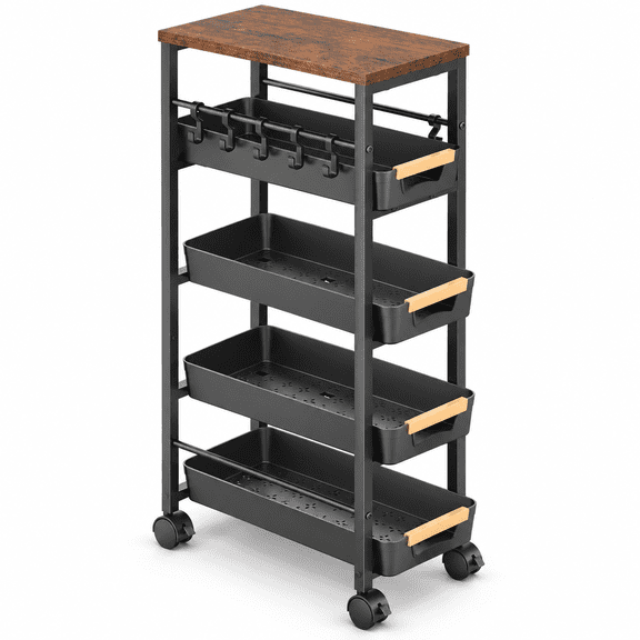 Yeabett Slim Storage Cart with Wheels,Narrow Kitchen Rolling Cart,5-Tier Skinny Rolling Cart with Wooden Top & Lockable Wheels,Black