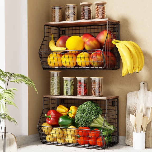Yeabett Stackable Fruit Basket Hanging for Kitchen Counter 2 Pack with Wood Lid,Wall Mount Organizer with Banana Hangers Metal Vegetable Storage Bin or Fruit, Onion, Potato, Vegetable, Bread