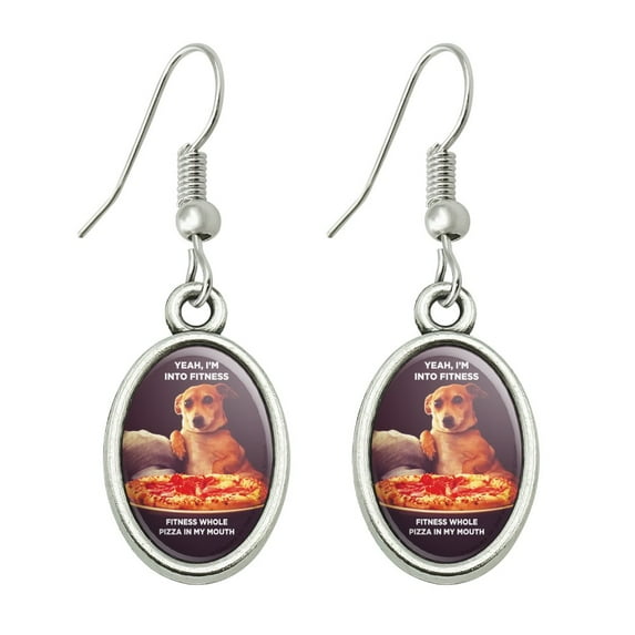 Yeah I'm Into Fitness Whole Pizza in my Mouth Funny Humor Novelty Dangling Drop Oval Charm Earrings