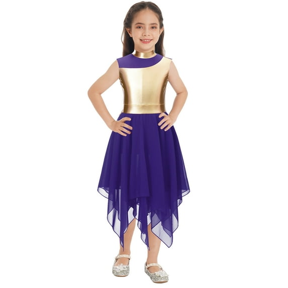 Yeahdor Big Girls Loose Fit Liturgical Dress Mock Neck Color Contrast Church Robe Metallic Worship Praise Dancewear Purple 14