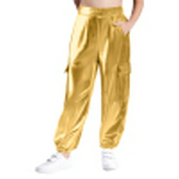 Yeahdor Boys Girls Metallic Shiny Cargo Trousers Jazz Hip-Hop Street Dance Pants Joggers Sweatpants Gold 8