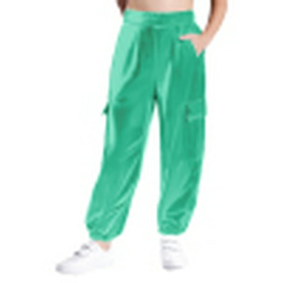 Yeahdor Boys Girls Metallic Shiny Cargo Trousers Jazz Hip-Hop Street Dance Pants Joggers Sweatpants Light Green 6