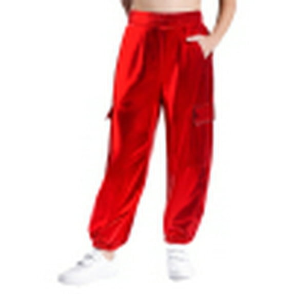 Yeahdor Boys Girls Metallic Shiny Cargo Trousers Jazz Hip-Hop Street Dance Pants Joggers Sweatpants Red 6