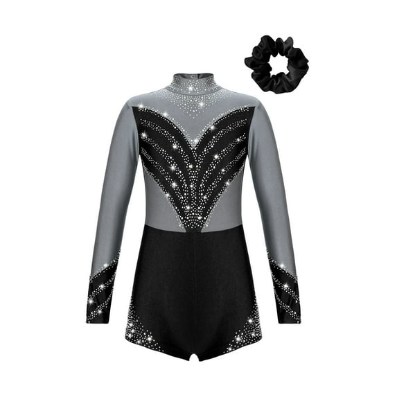 Yeahdor Girls 2 Piece Figure Skating Dance Outfit Jumpsuit Biketard with Hairband Set for Gym Performance Competition Silver Grey&Black 16