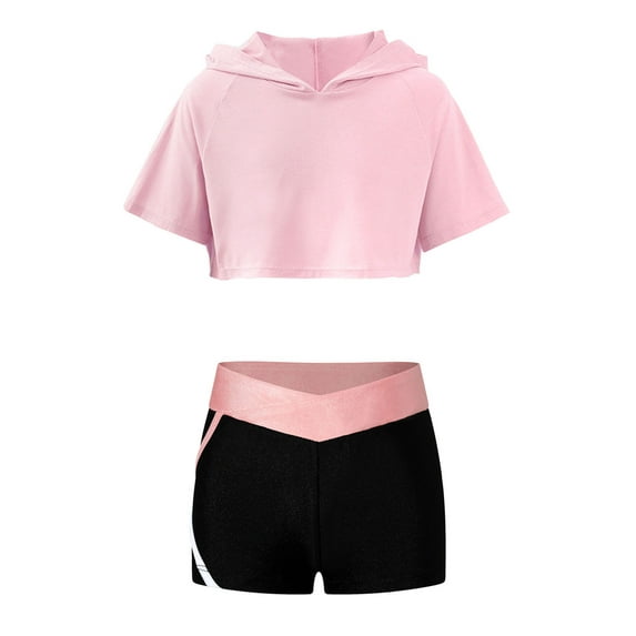 Yeahdor Girls Active Set Short Sleeve Hooded Cropped Athletic Shirt with Shorts Gym Yoga Suit Running Jogging Outfit A Pink 16