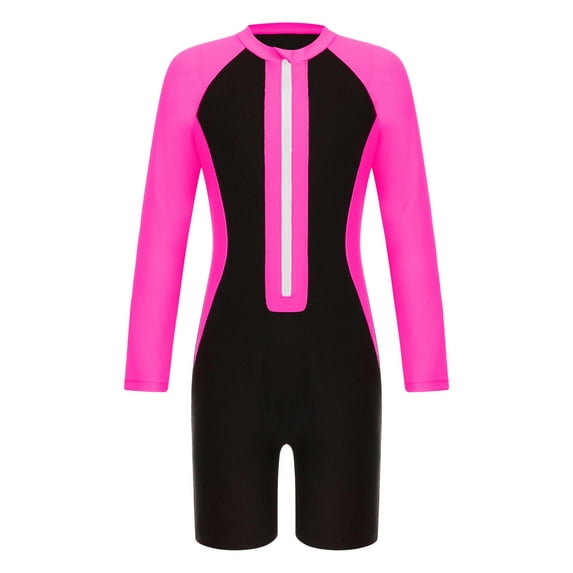Yeahdor Girls Boys One Piece Swimsuit Long Sleeve Rash Guard Surf Wetsuit Water Sport Swimwear UPF 50+ Hot Pink 10