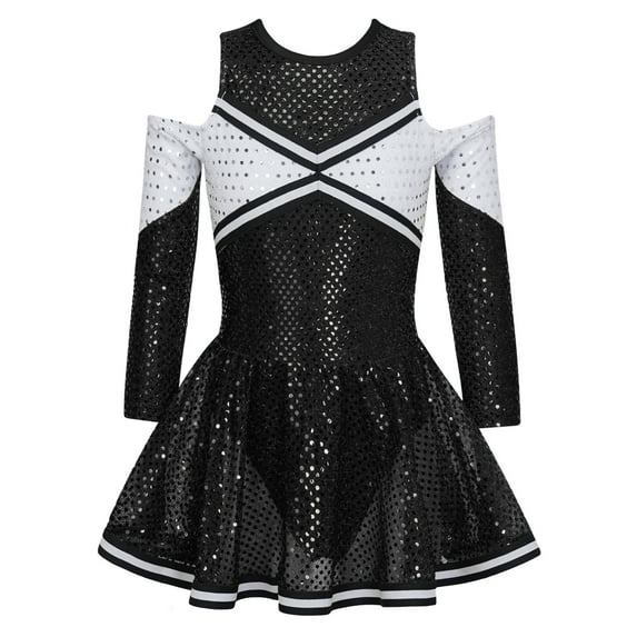 Yeahdor Girls Cheer Leader Long Sleeve Shiny Dress Halloween Carnival Party Cheerleading Uniform Sequins Dance Dress