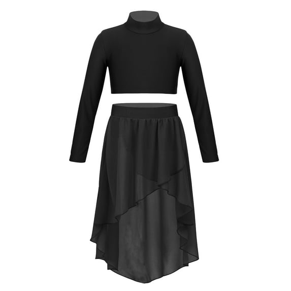 Yeahdor Girls Chiffon Ballet Dance Outfit Gymnastics Lyrical Dance Costume Long Sleeve Crop Top with Asymmetrical Split Skirt Black 8