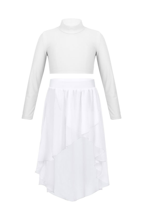 Girls Chiffon Ballet Dance Outfit Gymnastics Lyrical Dance Costume Long Sleeve Crop Top with Asymmetrical Split Skirt White 8