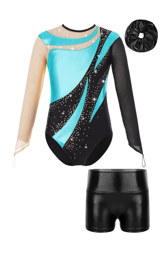 Girls Figure Ice Skating Tumbling Outfit Shiny Rhinestone Gymnastics Leotard with Shorts Hair Band Gym Dance Suit Turquoise&Black 8
