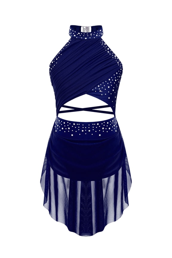 Girls Figure Skating Dress Cutout Strappy Backless Rhinestones Skirted Lyrical Ballet Dance Leotard Navy Blue 10