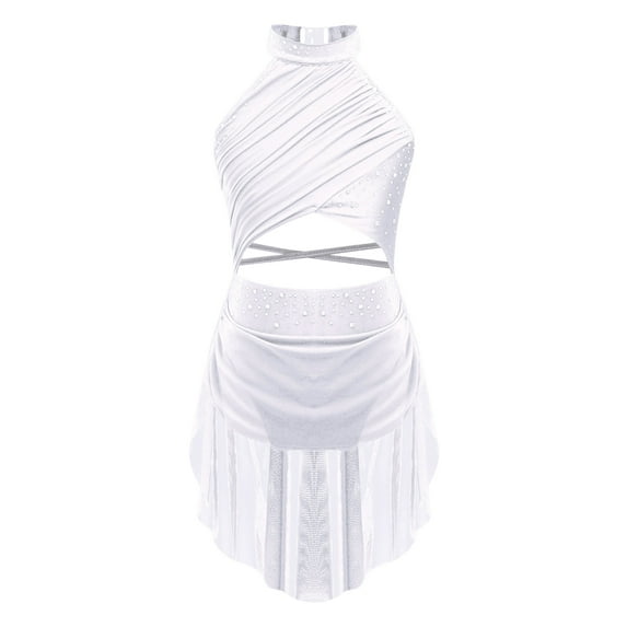 Yeahdor Girls Figure Skating Dress Cutout Strappy Backless Rhinestones Skirted Lyrical Ballet Dance Leotard White 6