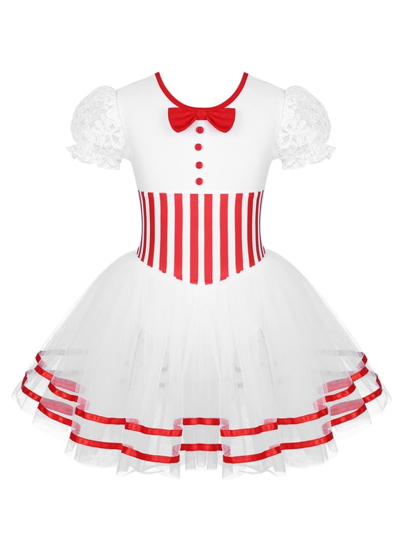 Girls Figure Skating Mesh Leotard Dress Bowknot Puff Sleeves Striped Christmas Dance Costume A Red 6
