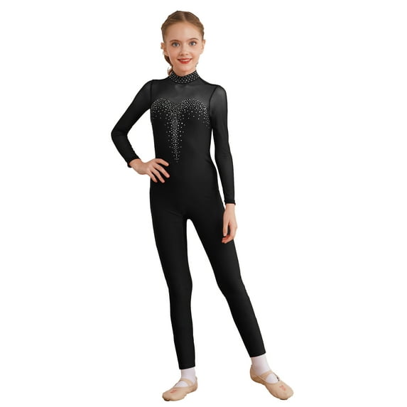 Yeahdor Girls Gymnastics Ballet Dance Leotard Teens Figure Ice Skating Bodysuit Unitard Youth Shiny Rhinestone Jumpsuit Black-A 12