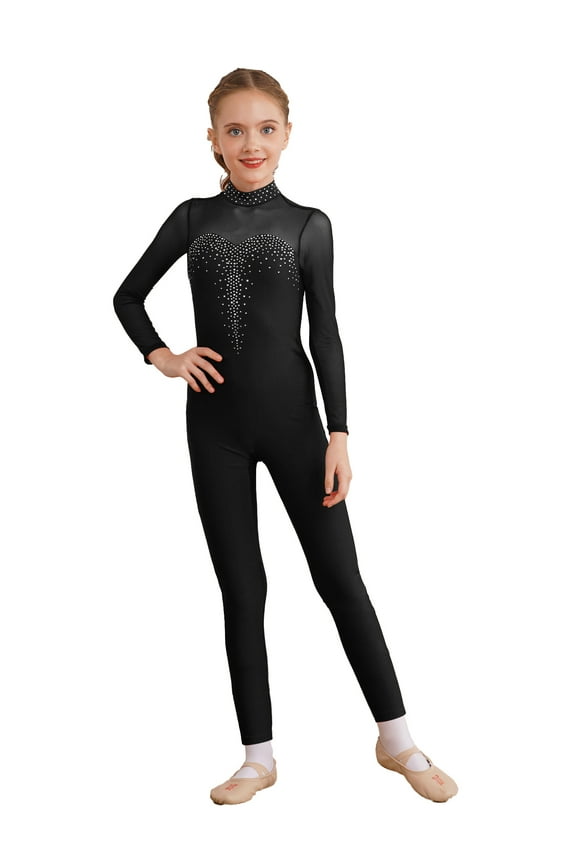 Girls Gymnastics Ballet Dance Leotard Teens Figure Ice Skating Bodysuit Unitard Youth Shiny Rhinestone Jumpsuit Black-A 6