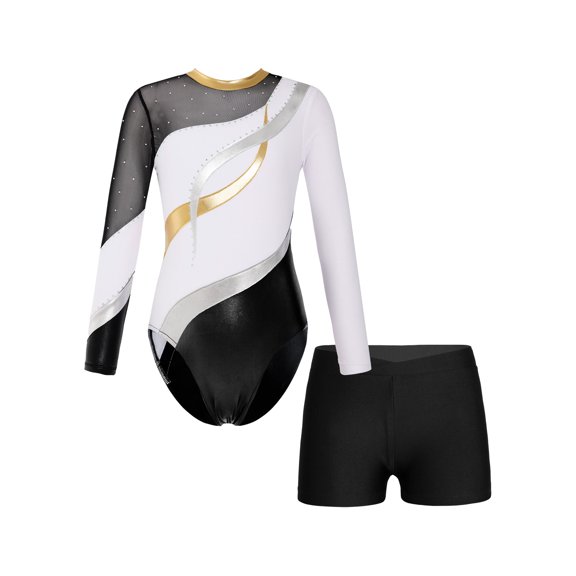 Yeahdor Girls Gymnastics Leotard Tumbling Unitard with Shorts Dancewear Long Sleeve Ballet Dance Bodysuit Biketard White 6