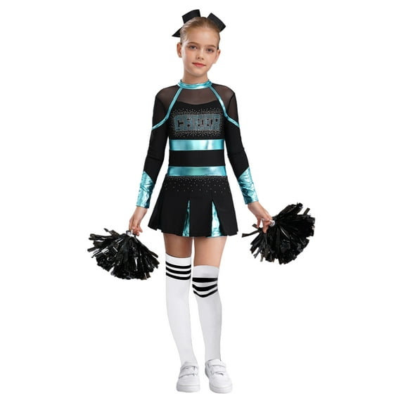 Yeahdor Girls Halloween Cheer Leader Outfits Long Sleeve Shiny Cheerleading Dance Uniform Dress Set Blue Green&White 6