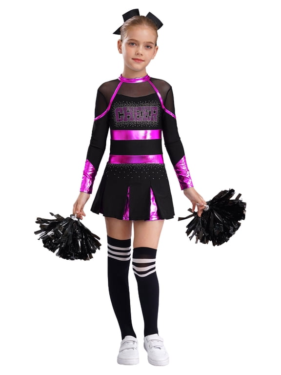 Girls Halloween Cheer Leader Outfits Long Sleeve Shiny Cheerleading Dance Uniform Dress Set Hot Pink&Black 8