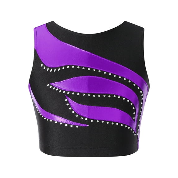 Yeahdor Girls Jazz Performance Dance Crop Top Juniors Youth Bronzing Cloth Gymnastics Sports T-Shirt Purple 14