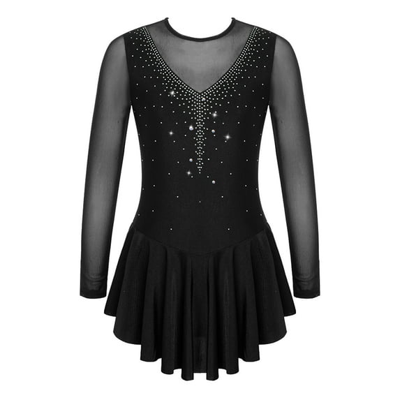 Yeahdor Girls Long Sleeves Figure Ice Skating Dress Rhinestones Sheer Mesh Ballet Dance Dress