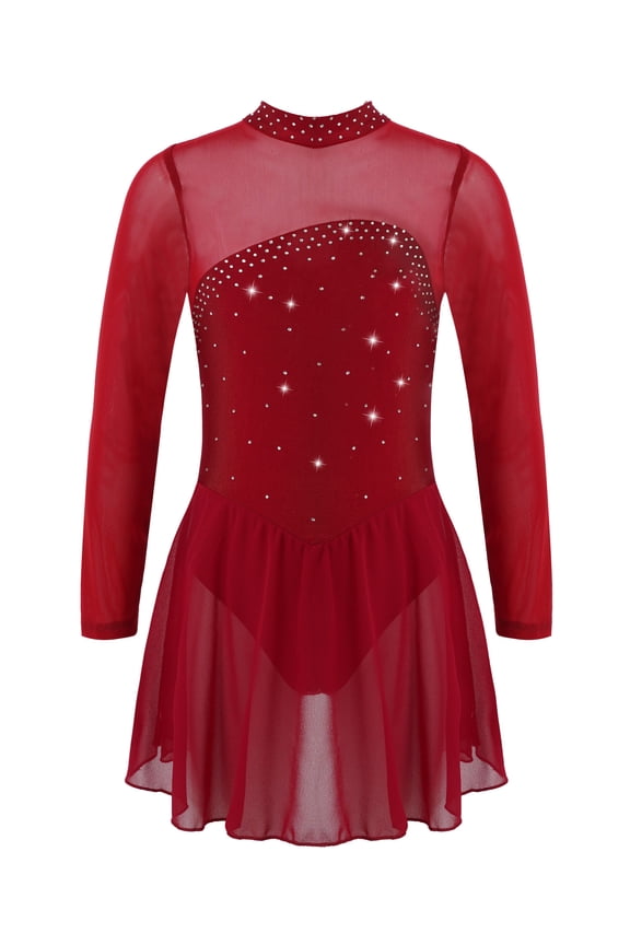 Girls Long Sleeves Figure Ice Skating Dress Rhinestones Sheer Mesh Ballet Dance Dress