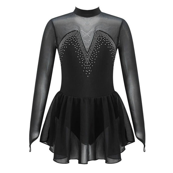 Yeahdor Girls Long Sleeves Figure Ice Skating Dress Rhinestones Sheer Mesh Ballet Dance Dress
