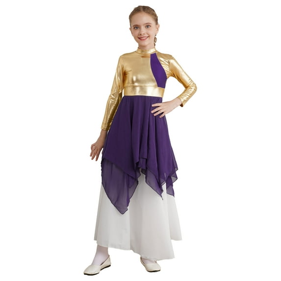 Yeahdor Girls Long Sleeves Metallic Chiffon Lyrical Dance Dress Church Praise Tunic Overlay Dress A Purple 10