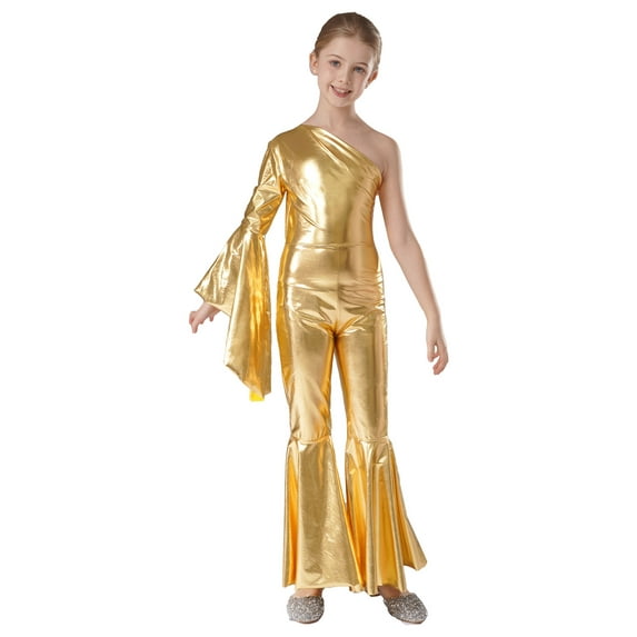 Yeahdor Girls Metallic Bell-Bottom Dance Jumpsuit One Shoulder Flare Sleeve Bodysuit Carnival Theme Party Costume Gold 8