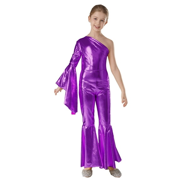 Yeahdor Girls Metallic Bell-Bottom Dance Jumpsuit One Shoulder Flare Sleeve Bodysuit Carnival Theme Party Costume Purple 6