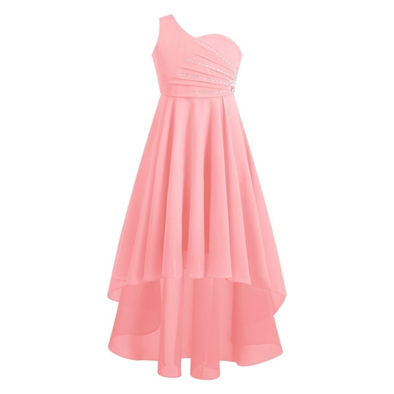 Yeahdor Girls One Shoulder Bridesmaid Dress Evening Wedding Birthday Party Proms Ball Gown Pink 14