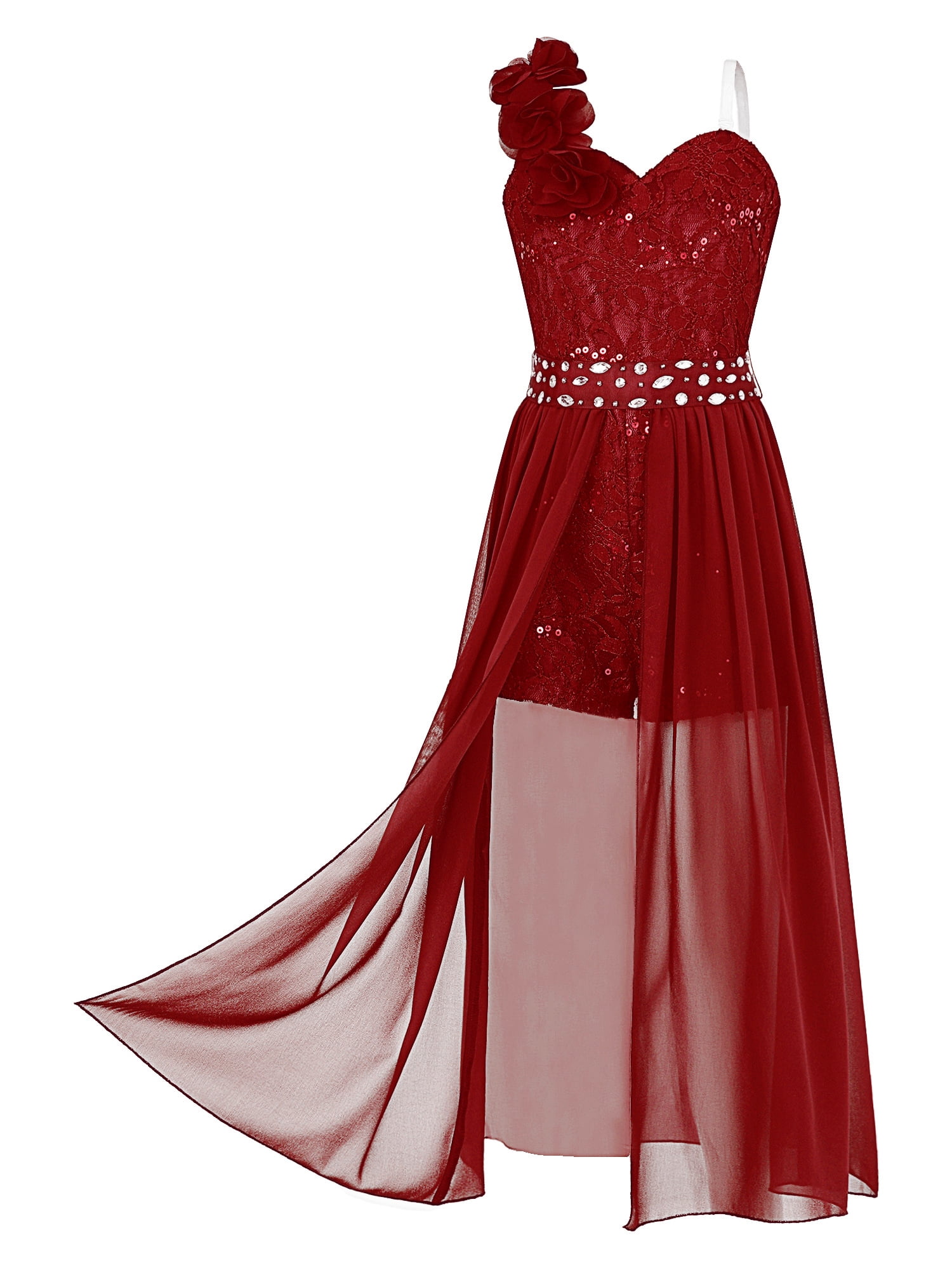 Yeahdor Girls One Shoulder Shiny Beaded Applique Party Dress Juniors Sequins Overlay Romper Dress for Birthday Proms Weddings Burgundy 8 Walmart